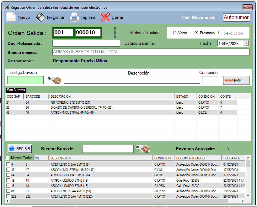 Control de salidas de envases a cliente